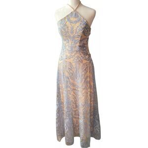 Speechless Light Blue Nude Overlay Winter Formal Dress Women 3 4 Brocade Halter